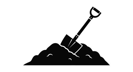 A black silhouette of a shovel plunged into a mound of earth symbolizing gardening work silhouette © MIRAJ02