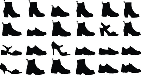Black shoe silhouettes, footwear icons, fashion design elements, stylish heels, boots, sandals, vector shoes, isolated styles, trendy accessories, editable illustration