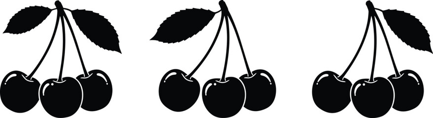 Black silhouette cherry fruit illustration with three bunches, fresh summer berry design, organic healthy food concept, isolated vector graphic for decoration, icons © Minara Art