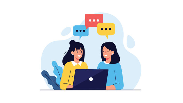 Two young female professionals collaborating on a project while sharing ideas with colorful speech bubbles in a creative setting.