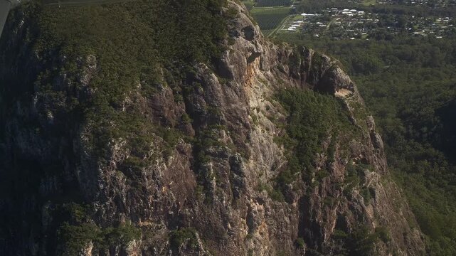 Glass House Mountains, Volcanic Peaks On The Sunshine Coast Hinterland In Queensland, Australia. Aerial Close-up Shot