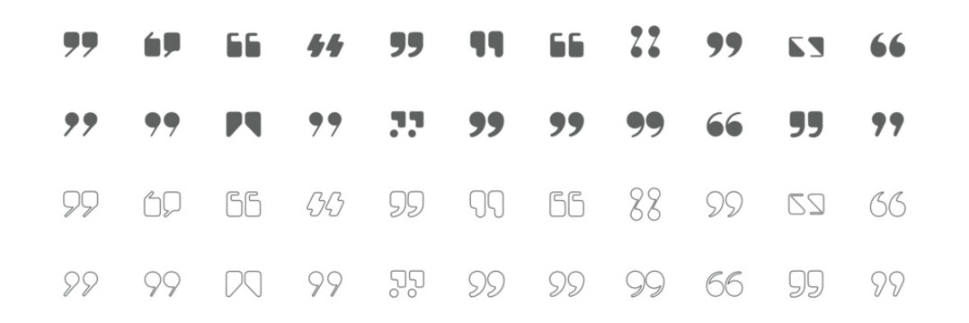 Set of quote mark, quotes icon, sign, symbol, emblem. Ditto marks icon set. Quotation marks. Dialogue discussion symbol for UI UX, website, mobile app. Quotation marks vector icon set collection