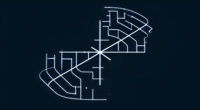 futuristic city map with glowing lines, dark background and abstract design