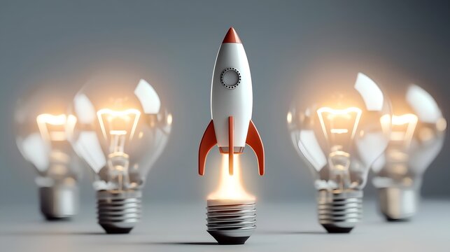 A rocket launching from a lightbulb, symbolizing innovation and bright ideas in technology and creativity.