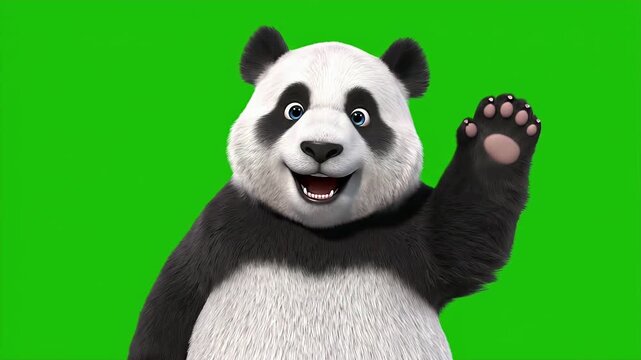 Animated Panda Bear Waving on Green Screen - This video shows a friendly animated panda bear waving its paw. The background is a bright green screen, ideal for compositing.