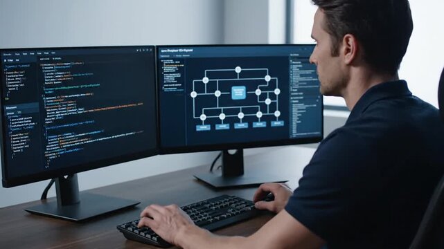 Coder at dual monitors.