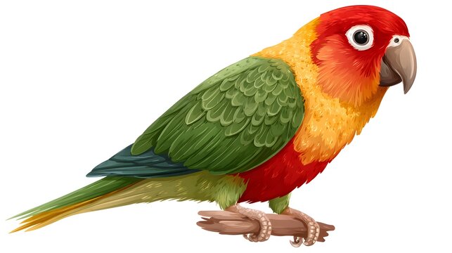Vibrant Conure Parrot Perched on a Branch Isolated on White Background.