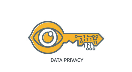 Obraz premium A stylized yellow key with an eye symbol and circuit board patterns is positioned centrally on a bright white background with text.
