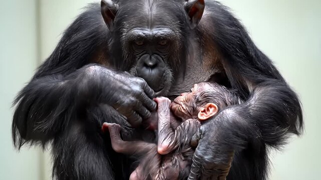 Mother Chimpanzee Cradles Newborn Baby Monkey With Tender Affection
