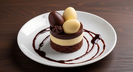 Exquisite Chocolate Delight: A beautifully presented dessert, a symphony of flavors and textures, featuring a rich chocolate cake, layered with creamy filling, and adorned with chocolate eggs.