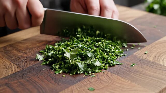 Chopping fresh herbs on wooden cutting board with chef's knife in kitchen preparation