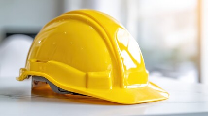 Fototapeta premium Yellow Hard Hat on Table: Construction Safety Equipment for Workplace Protection and Head Injury Prevention