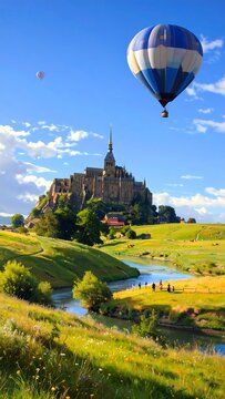 A serene landscape with a hot air balloon floating above a medieval castle