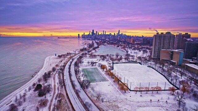 Cinematic drone perspective of Chicago&rsquo;s Loop at sunrise in winter.