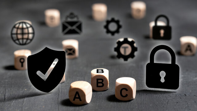 Abstract digital security concept showing a shield and padlock amidst wooden dice with various online icons.