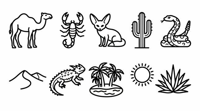 Desert silhouette icon set with camel, scorpion, canid silhouette, cactus, snake, lizard, hedgehog, porcupine, oasis palm island, sun, and desert vegetation in black line art.