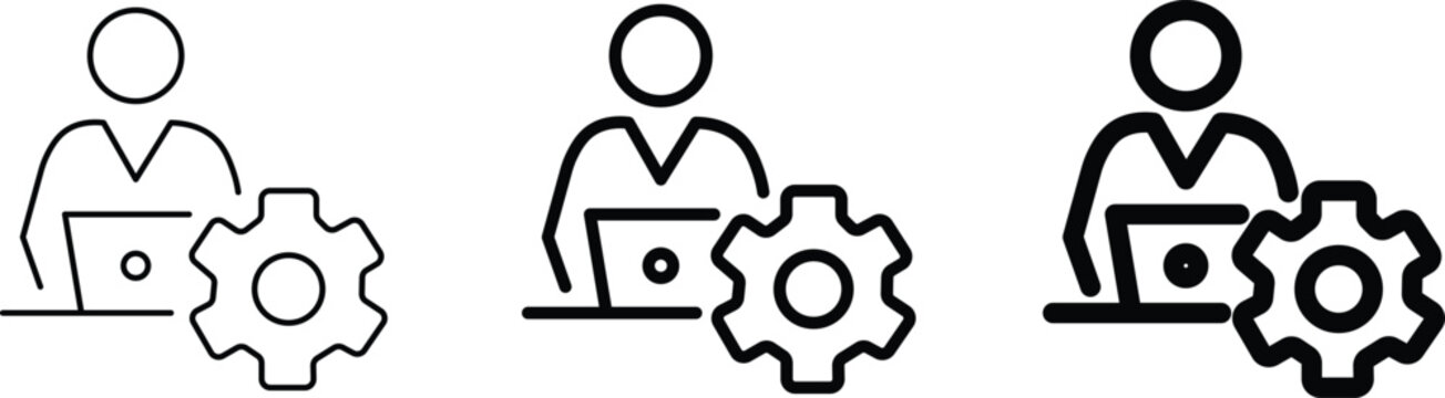 Outline icon set depicting a person working on a laptop alongside a gear symbol, representing user settings, system configuration, or technical support.