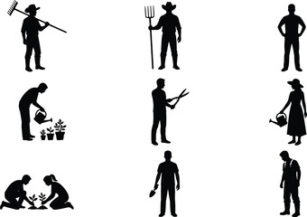 Farmers and Gardeners Working Silhouette Collection with Rake Pitchfork Watering Can Planting and Pruning Activities Agriculture Rural Lifestyle Vector Set