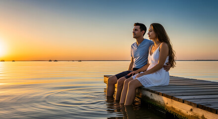 Fototapeta premium A man and woman relaxing on a dock with their feet near the water enjoying a peaceful evening view