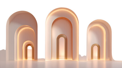 Fototapeta premium Soft pink curved wall structure with arched windows and warm lighting modern architectural design elements