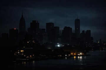 Obraz premium Night city skyline with illuminated buildings and waterfront reflections at dusk, moody urban landscape