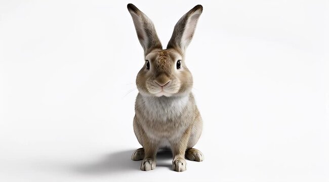 Front facing fluffy brown bunny on a white background close up view