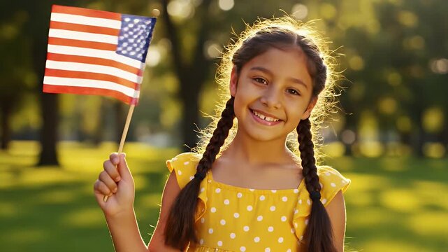 Smiling Girl Holding American Flag - A happy hispanic young girl with braided hair smiles at the camera while holding a small American flag in a sunny outdoor setting.