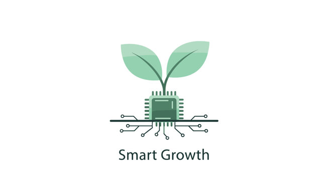 Two light green leaves are growing from a dark green microchip that is connected to horizontal circuit lines, with Smart Growth text underneath.