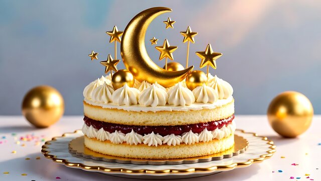 Delicious birthday cake with golden moon and stars decoration