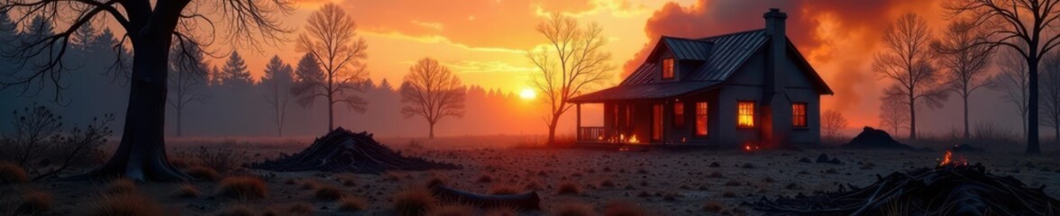 Charred remains of a house and yard after a devastating fire ,  charred wood,  house fire