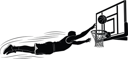 Dynamic Silhouette of a Basketball Player Flying Through the Air for a Layup Shot Against a Hoop and Backboard Background © MdSabed