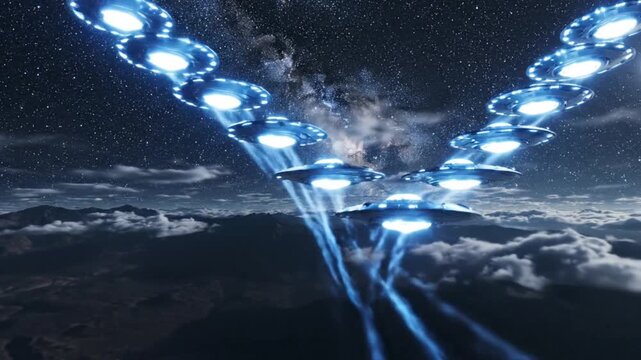 Formation of Glowing UFO Fleet Crossing Starry Night Sky