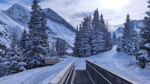 Winter mountain landscape with groomed walking path, establisher wide