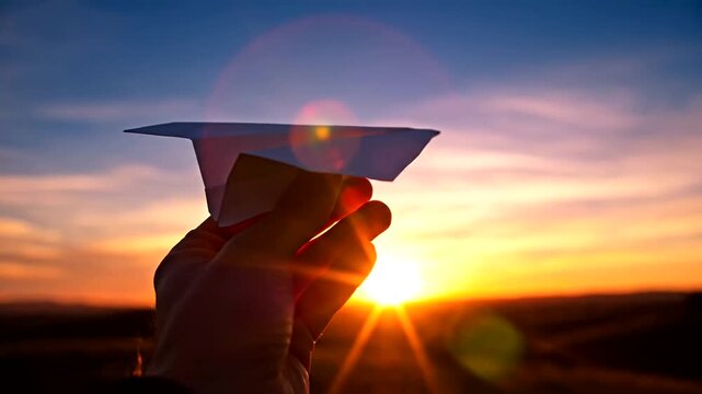 Hand Holding Paper Plane at Sunset.