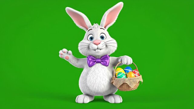 Cartoon easter bunny with basket of decorated eggs on green backdrop