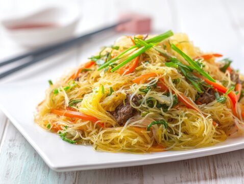 Plate Of Pancit Bihon Noodles With Meat And Vegetables Close Up Studio Shot