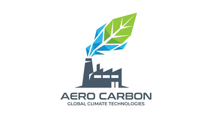 Fototapeta premium Modern Sustainable Industrial Logo for Aero Carbon Global Climate Technologies featuring a Green Leaf and Factory Silhouette