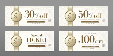 Luxury White Gold Gift Voucher Template – Elegant Coupon Card with Damask Pattern, Ribbon and Badge for Special Offer, Discount Ticket 