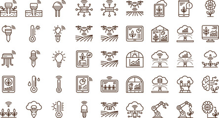 Smart agriculture technology line icon set with drones sensors crop monitoring greenhouse analytics irrigation and precision farming © Md Abraham khan adil