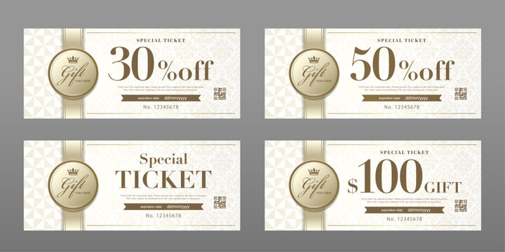 Luxury White Gold Gift Voucher Template &ndash; Elegant Coupon Card with Damask Pattern, Ribbon and Badge for Special Offer, Discount Ticket
