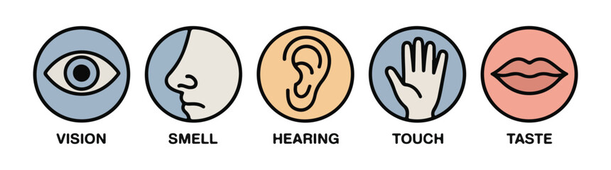 Five human senses icon set vision smell hearing touch and taste represented by eye nose ear hand and lips © Mukti