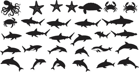 Black silhouette marine animals vector illustration, shark dolphin turtle crab octopus starfish design, ocean wildlife collection artwork, underwater nature elements, sea creature graphic © Arafat