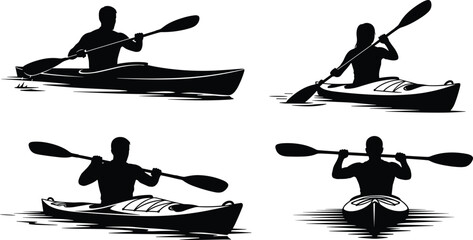 Kayak Silhouette Set Featuring People Paddling in Canoes for Outdoor Water Sports Adventure Summer Vacation Activities and Competitive Rowing Illustration © MdSabed