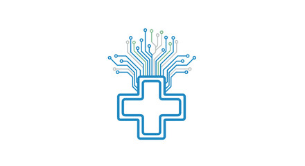 Obraz premium A blue outlined medical cross has a circuit board pattern forming a branching tree structure with green and blue lines on a white background.
