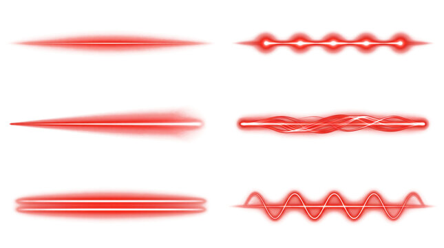 three different visualizations of laser beam propagation, showing focused, diffracted, and wavy light patterns, rendered as realistic illustrations on a transparent background.