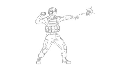 Obraz premium Soldier throwing grenade, military action, combat, explosion, tactical gear, illustration