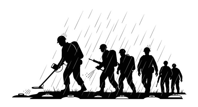 Soldiers with metal detectors in the rain, searching for mines or treasures