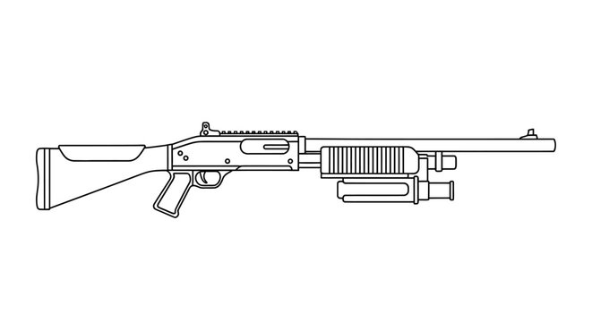 Tactical Shotgun with Foregrip and Scope - Line Art Illustration