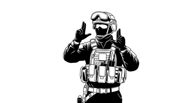 Tactical Soldier Gesturing Peace Sign with Fingers, Black and White Illustration