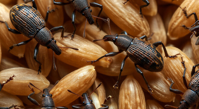 Closeup of almond weevils infesting almonds in natural setting